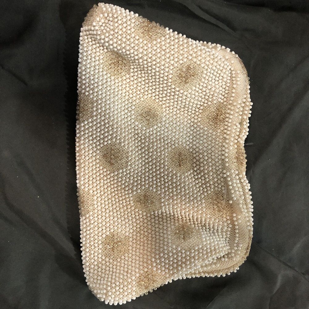 Corde Bead Lumured Ivory Floral Beaded Handbag Bag Clutch Purse Vtg.